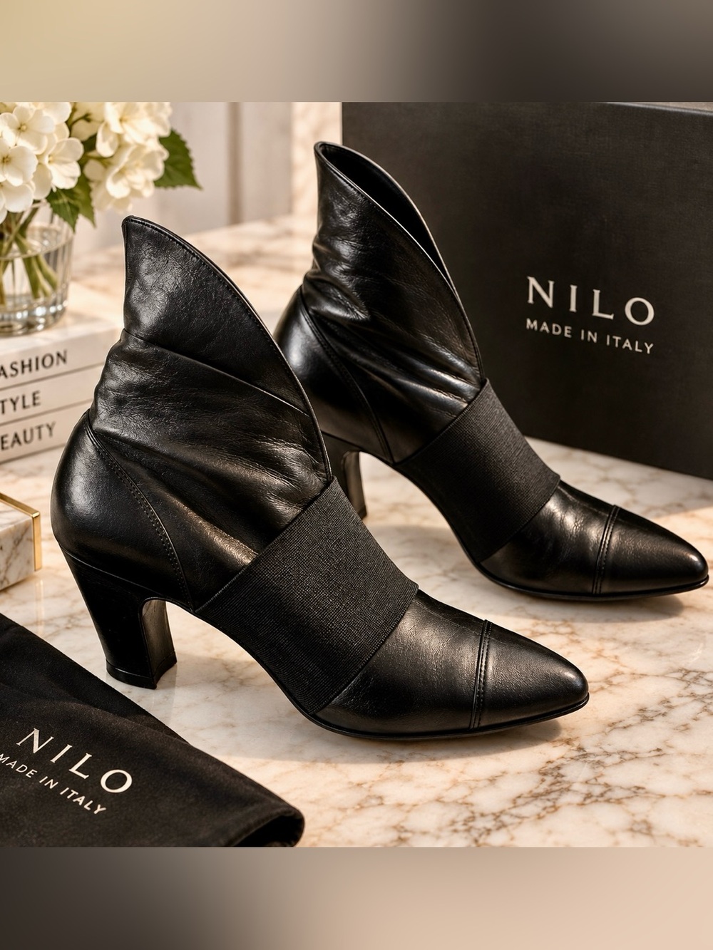 Nilo Italian Leather Black Shoes Women Size 6.5 B Foldable Heel